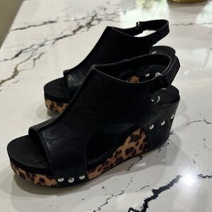 Jellypop Black Wedge Sandals with Leopard-Print Platform